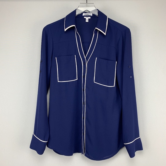 Express Tops - EXPRESS Portofino Navy White  Long Sleeve Blouse M